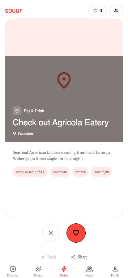 Spuur Swipe screen showing a group session card for Agricola Eatery